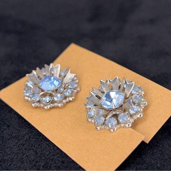 VINTAGE SILVER BLUE CLIP ON EARRINGS RETRO WEDDING EVENT FORMAL - Picture 5 of 6